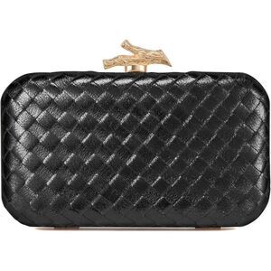 Women's Black Woven Leather Formal Evening Shoulder Clutch Chain Strap Handbag